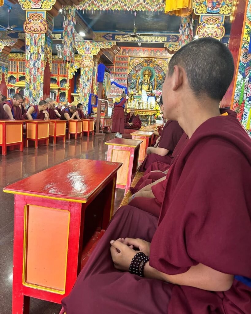 tibetan monks chanting mantras in prayer hall at dolanji monastery Solan